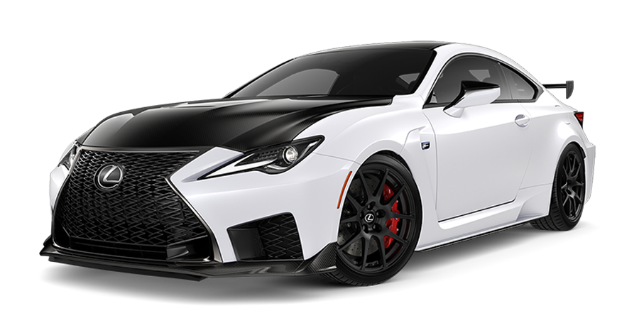 Lexus RC F Track Edition shown in Ultra White against race track background.